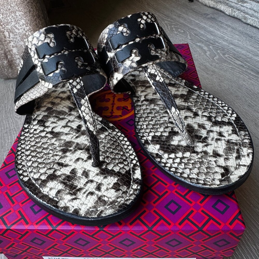 Tory Burch Leigh Flip Flops – Size 11, Snake Print Leather, Original Box & Dust